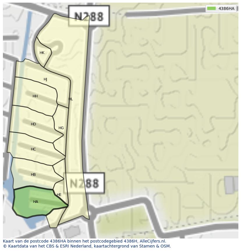 Afbeelding van het postcodegebied 4386 HA op de kaart.