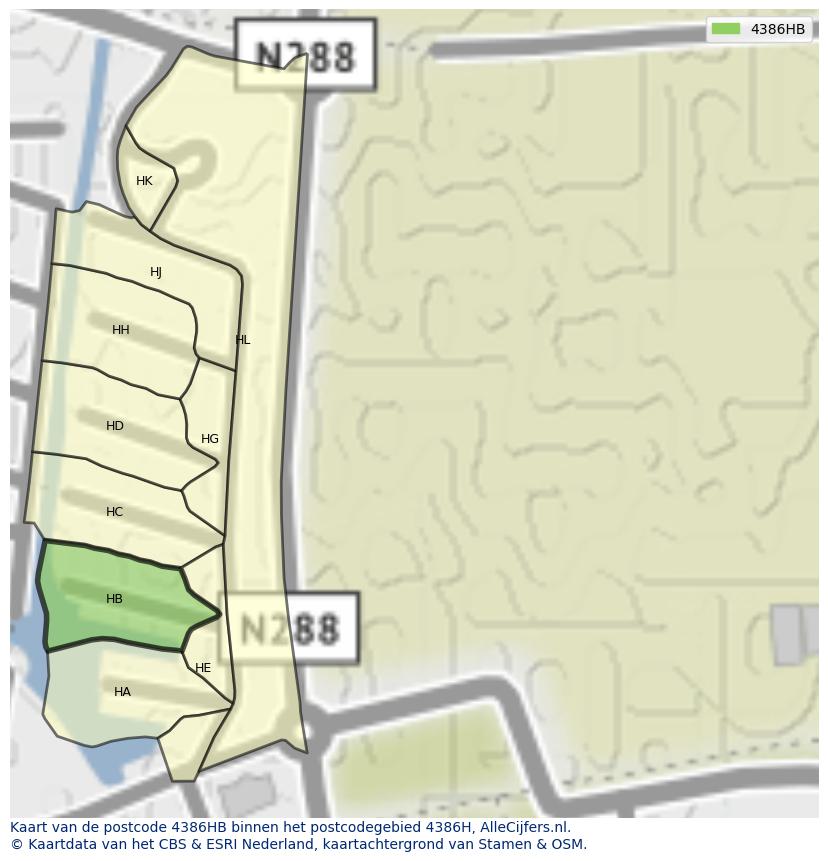 Afbeelding van het postcodegebied 4386 HB op de kaart.