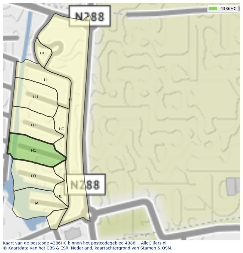 Afbeelding van het postcodegebied 4386 HC op de kaart.