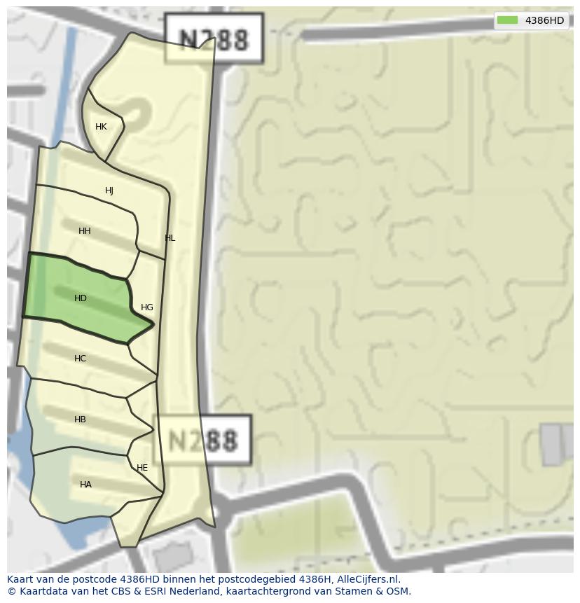 Afbeelding van het postcodegebied 4386 HD op de kaart.