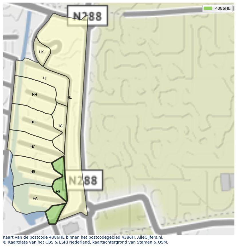 Afbeelding van het postcodegebied 4386 HE op de kaart.