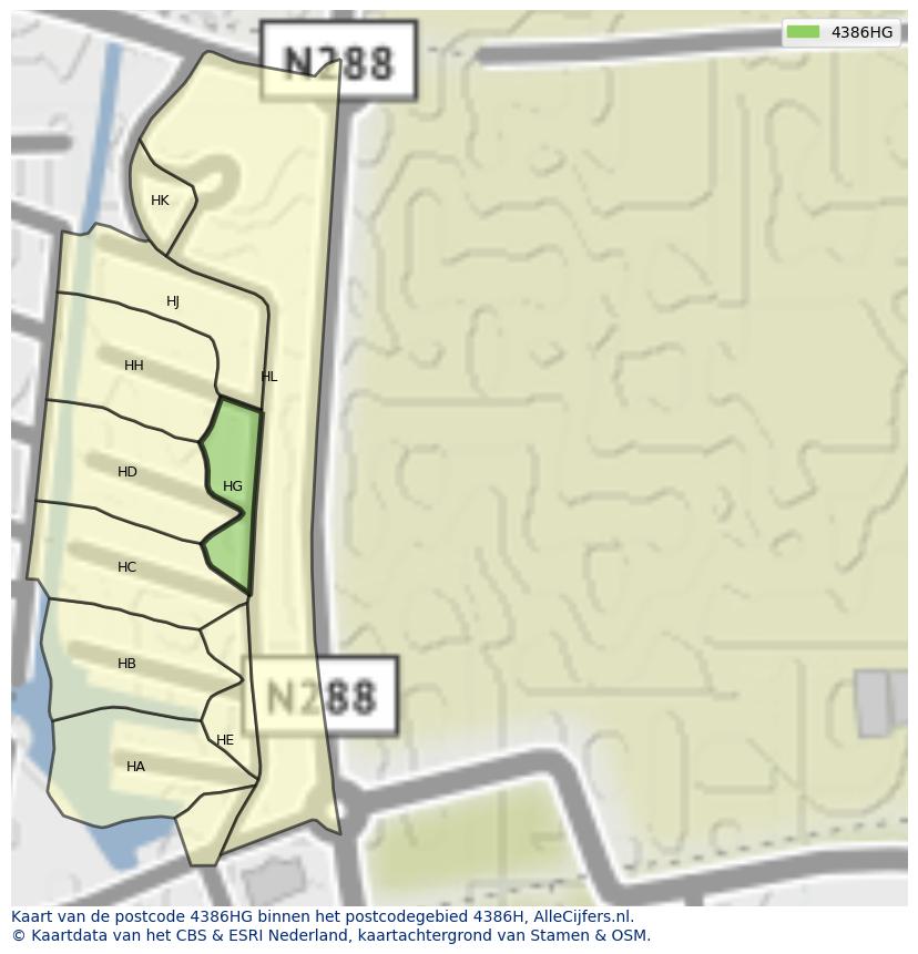 Afbeelding van het postcodegebied 4386 HG op de kaart.