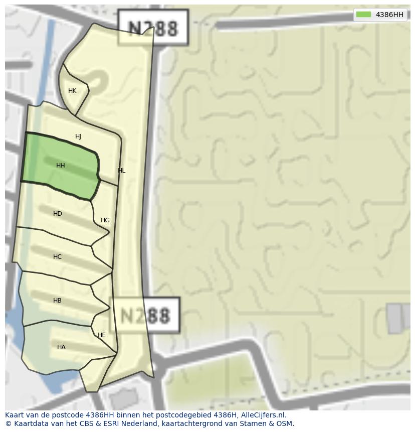 Afbeelding van het postcodegebied 4386 HH op de kaart.