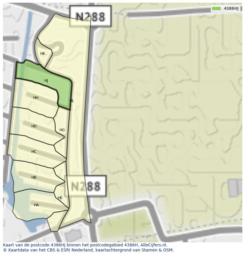 Afbeelding van het postcodegebied 4386 HJ op de kaart.