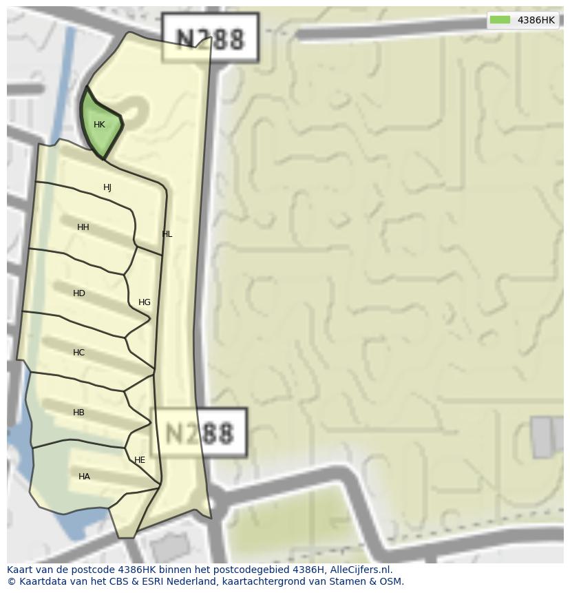 Afbeelding van het postcodegebied 4386 HK op de kaart.