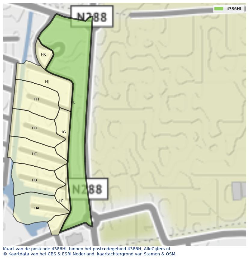 Afbeelding van het postcodegebied 4386 HL op de kaart.