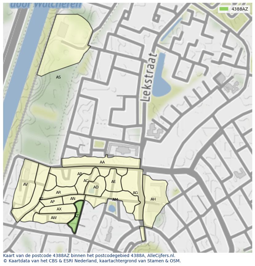 Afbeelding van het postcodegebied 4388 AZ op de kaart.