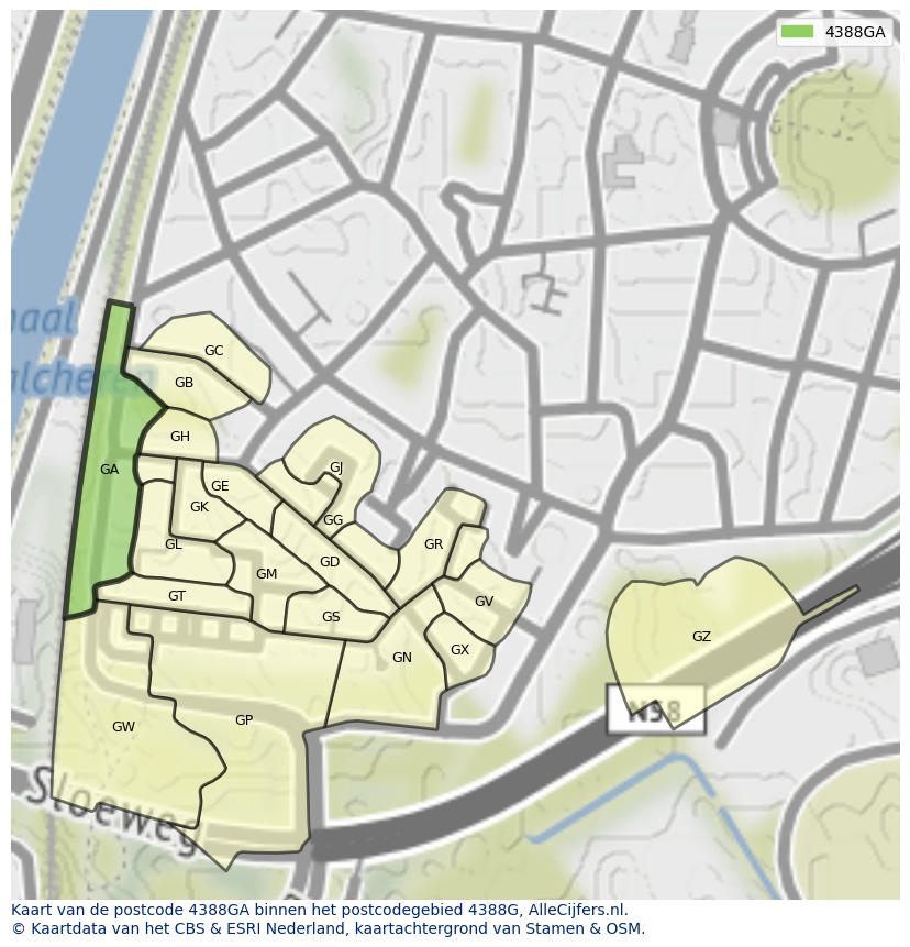 Afbeelding van het postcodegebied 4388 GA op de kaart.