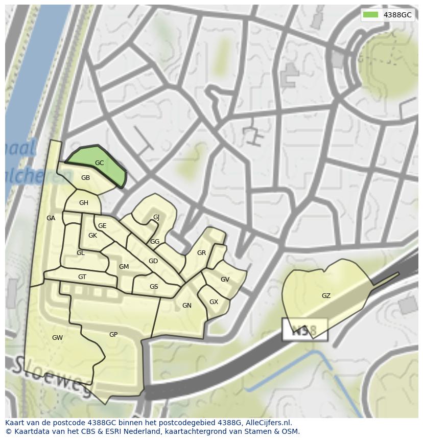 Afbeelding van het postcodegebied 4388 GC op de kaart.