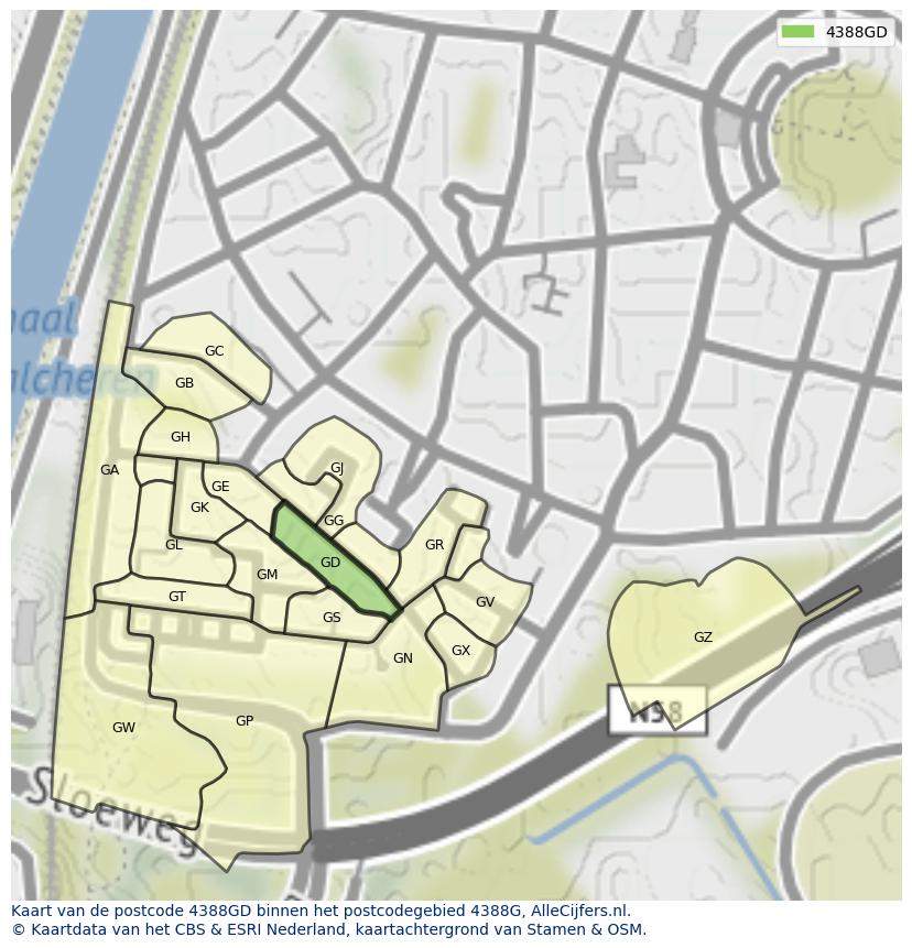 Afbeelding van het postcodegebied 4388 GD op de kaart.