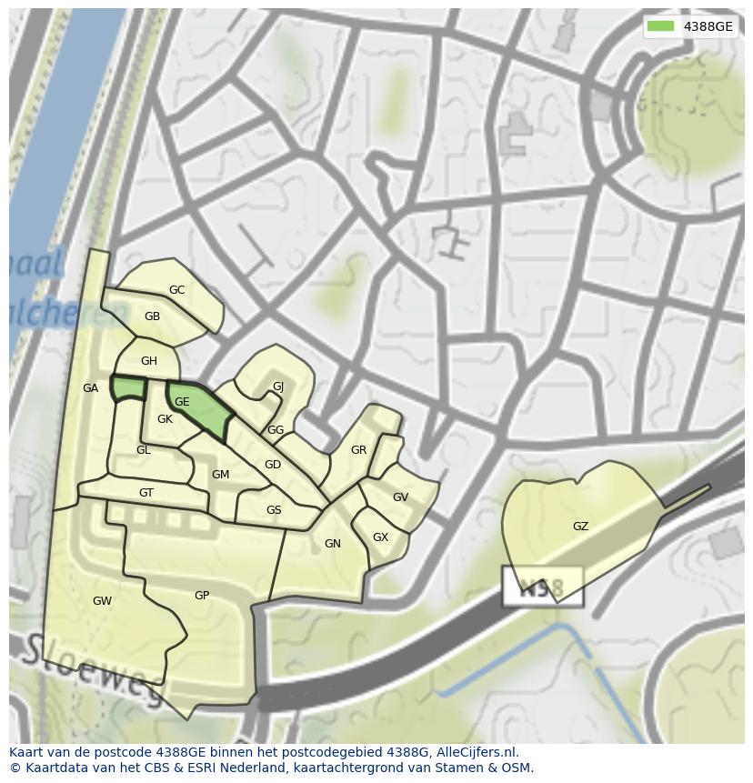Afbeelding van het postcodegebied 4388 GE op de kaart.