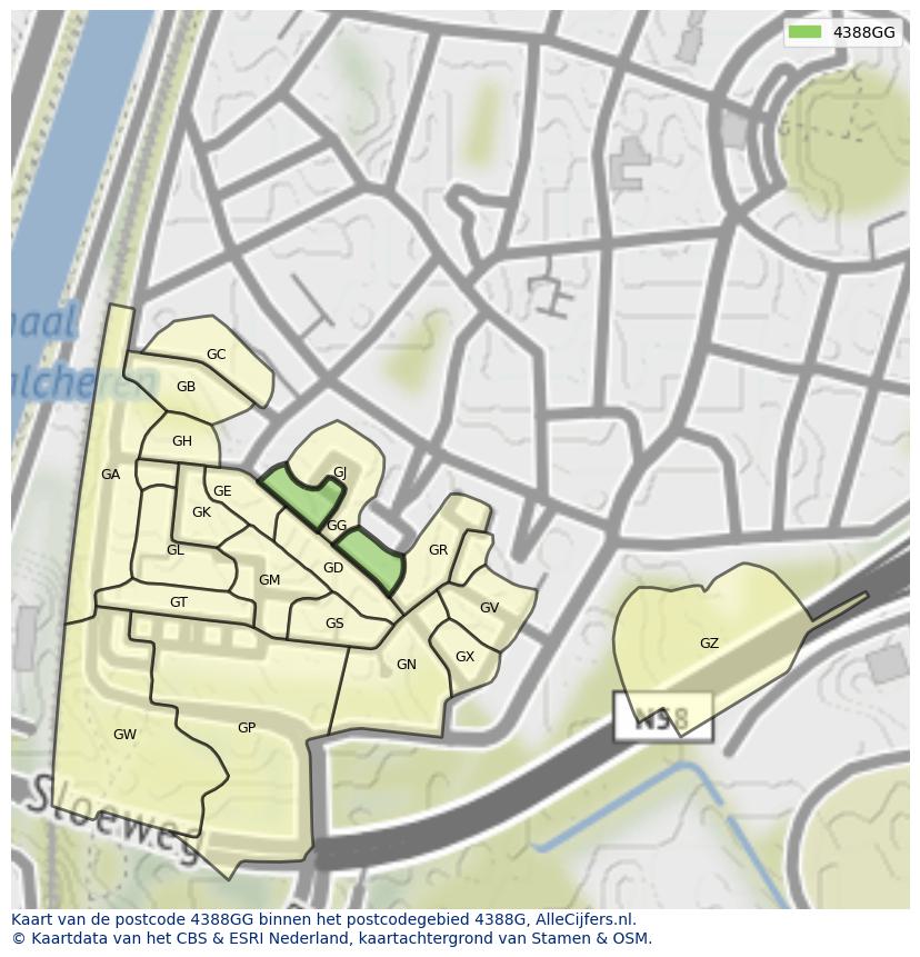 Afbeelding van het postcodegebied 4388 GG op de kaart.
