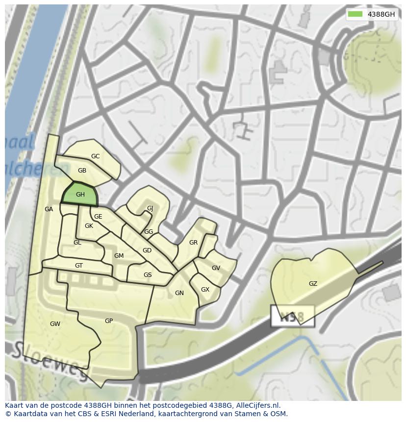 Afbeelding van het postcodegebied 4388 GH op de kaart.