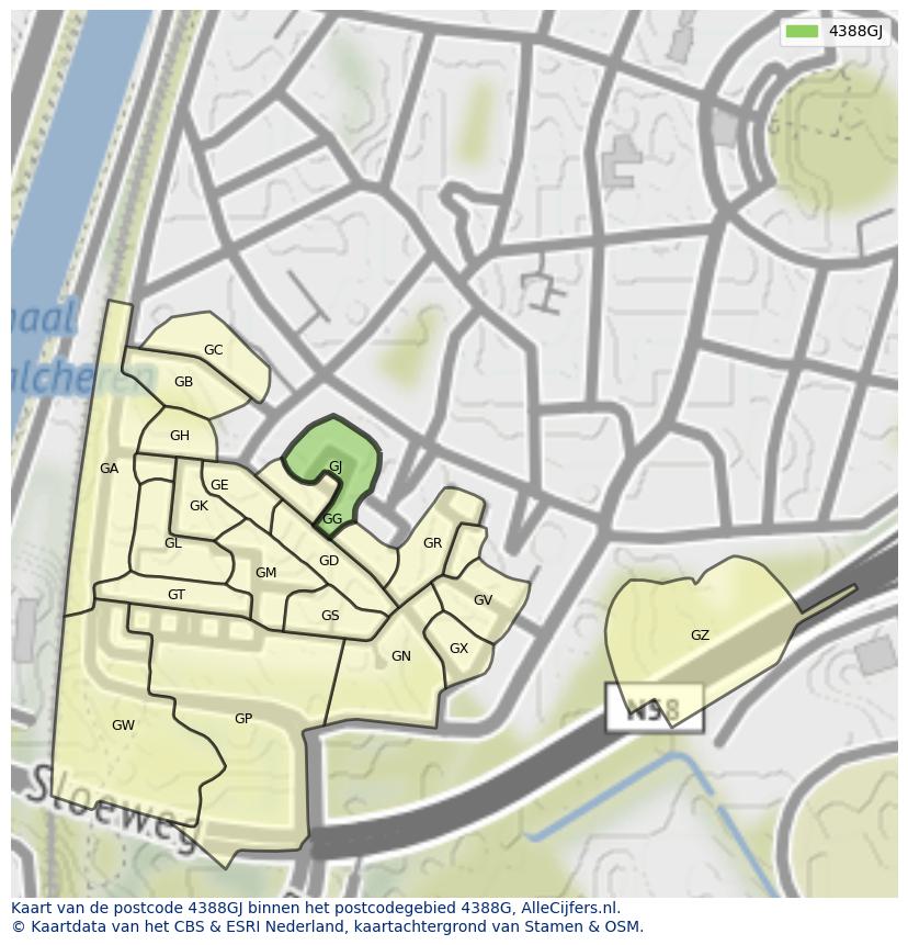 Afbeelding van het postcodegebied 4388 GJ op de kaart.