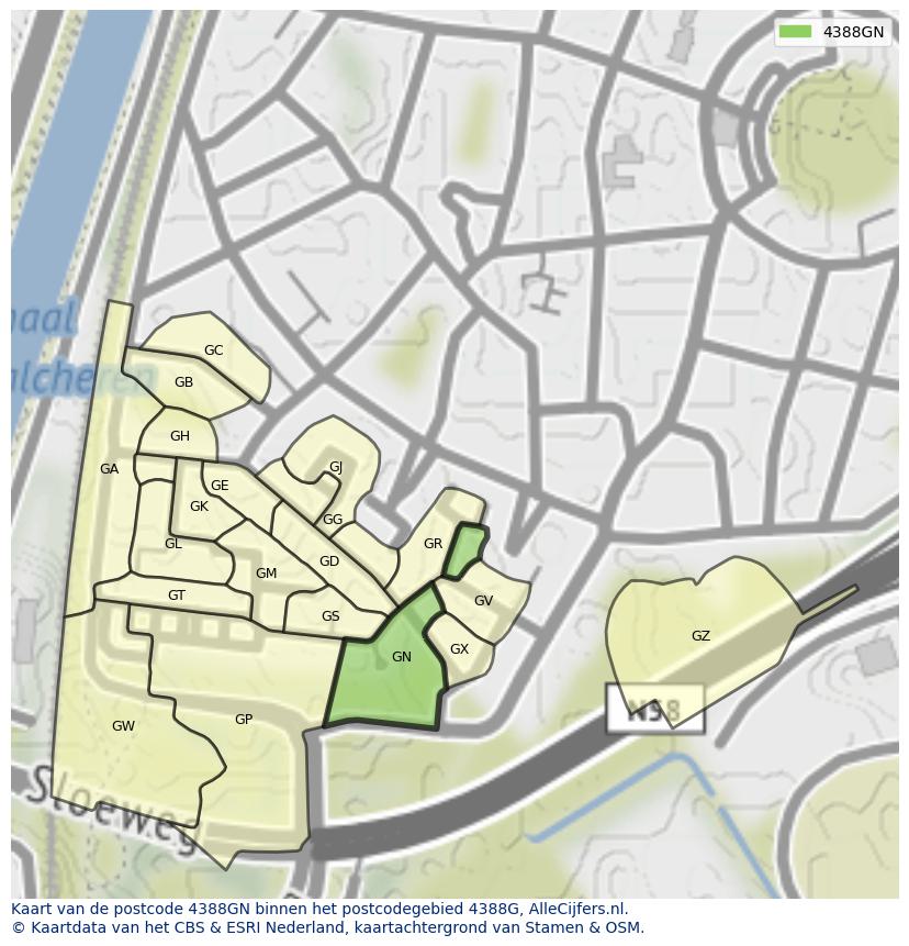 Afbeelding van het postcodegebied 4388 GN op de kaart.