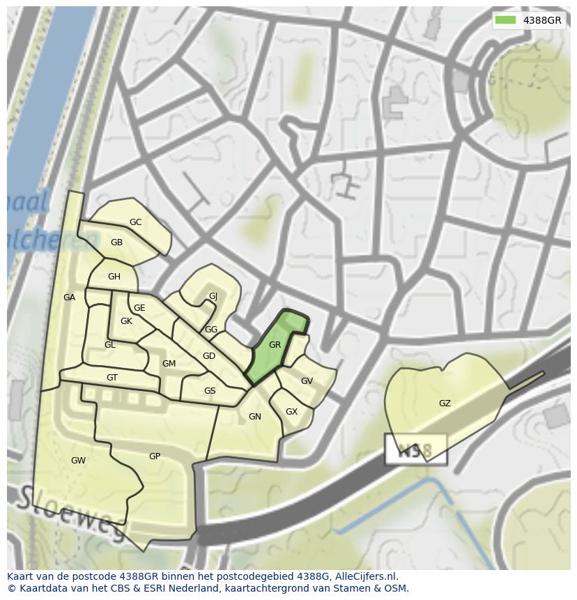 Afbeelding van het postcodegebied 4388 GR op de kaart.
