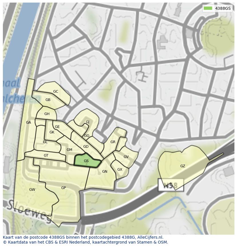 Afbeelding van het postcodegebied 4388 GS op de kaart.
