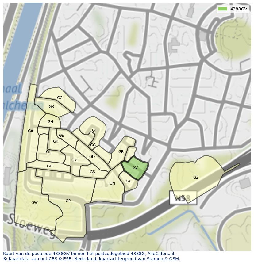 Afbeelding van het postcodegebied 4388 GV op de kaart.