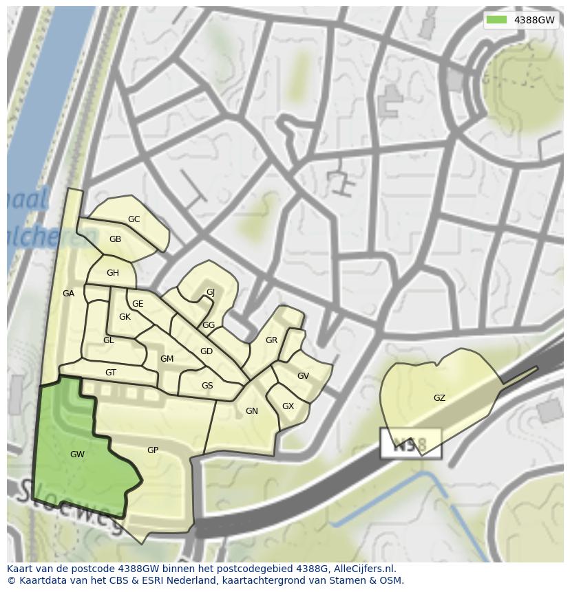 Afbeelding van het postcodegebied 4388 GW op de kaart.