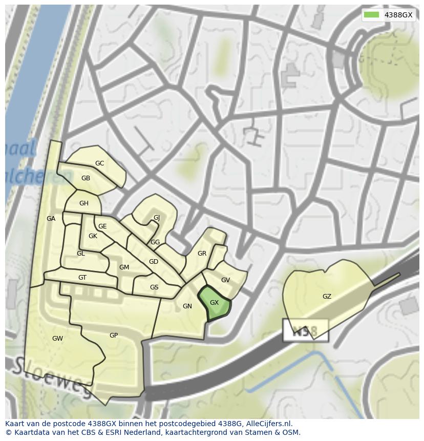 Afbeelding van het postcodegebied 4388 GX op de kaart.