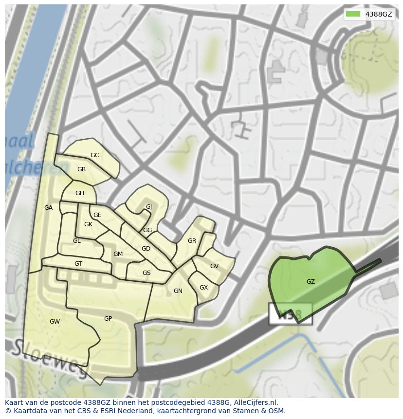 Afbeelding van het postcodegebied 4388 GZ op de kaart.