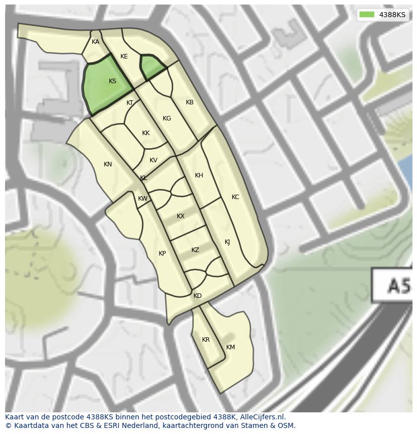 Afbeelding van het postcodegebied 4388 KS op de kaart.