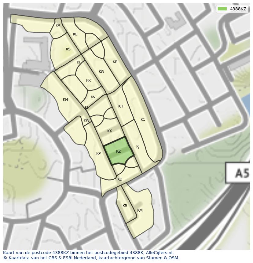 Afbeelding van het postcodegebied 4388 KZ op de kaart.