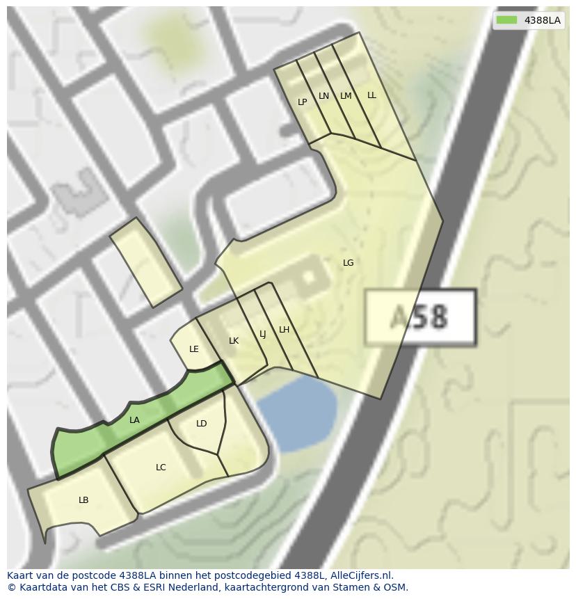 Afbeelding van het postcodegebied 4388 LA op de kaart.