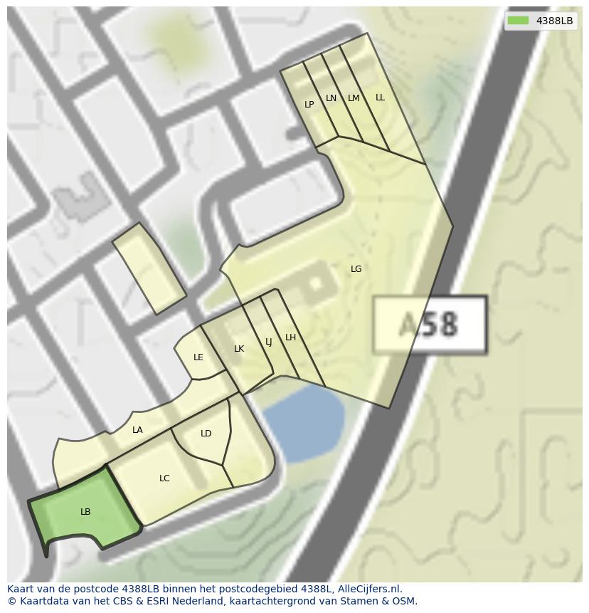 Afbeelding van het postcodegebied 4388 LB op de kaart.