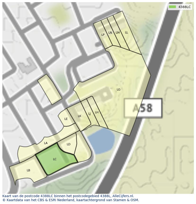 Afbeelding van het postcodegebied 4388 LC op de kaart.