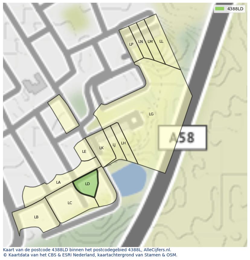 Afbeelding van het postcodegebied 4388 LD op de kaart.