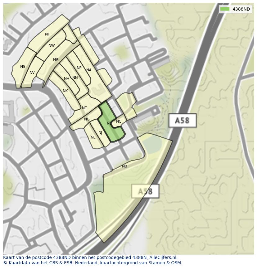 Afbeelding van het postcodegebied 4388 ND op de kaart.