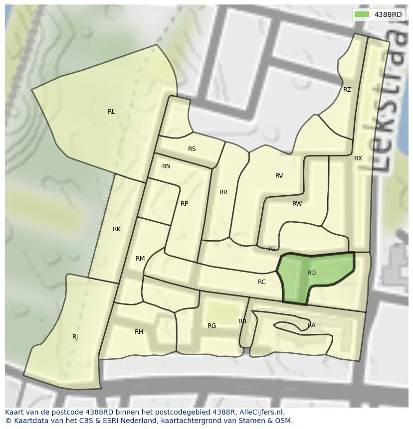Afbeelding van het postcodegebied 4388 RD op de kaart.
