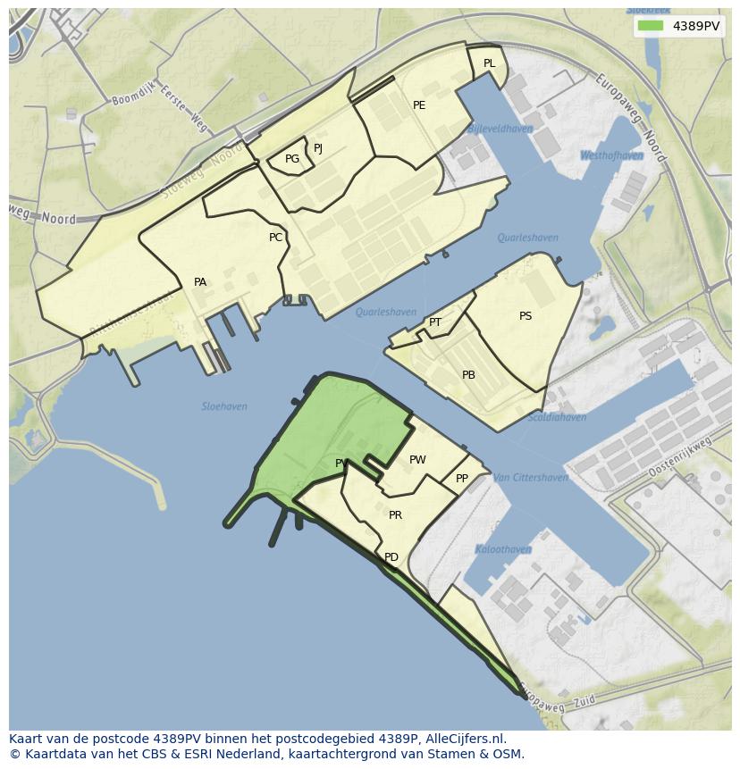 Afbeelding van het postcodegebied 4389 PV op de kaart.
