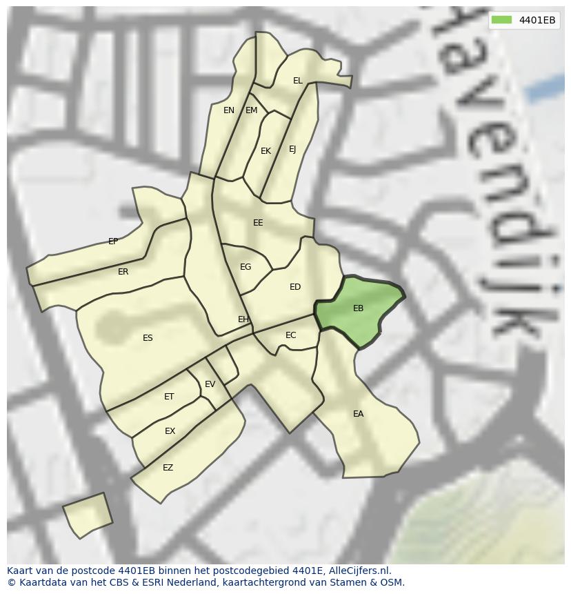 Afbeelding van het postcodegebied 4401 EB op de kaart.