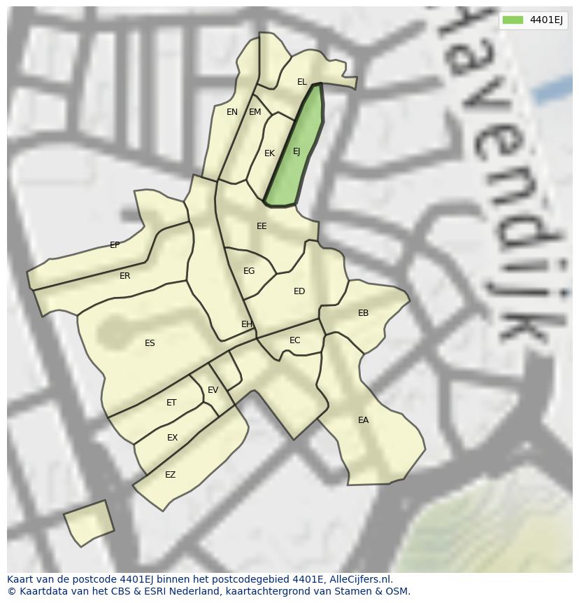 Afbeelding van het postcodegebied 4401 EJ op de kaart.