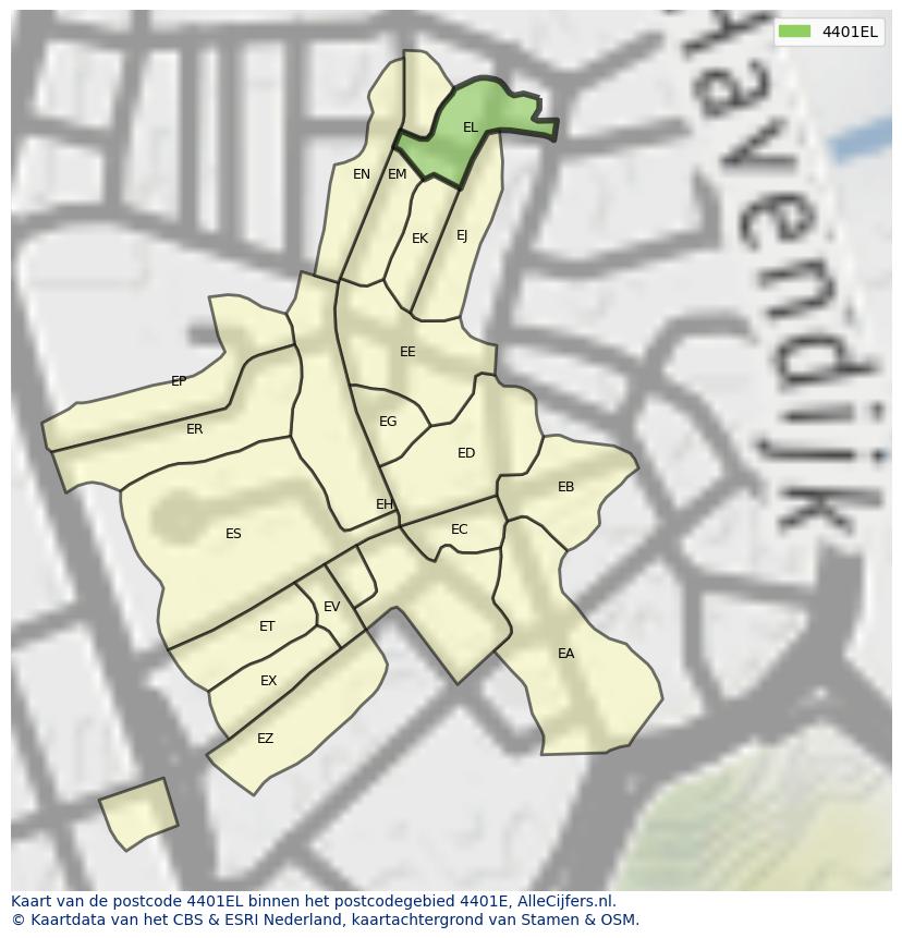 Afbeelding van het postcodegebied 4401 EL op de kaart.