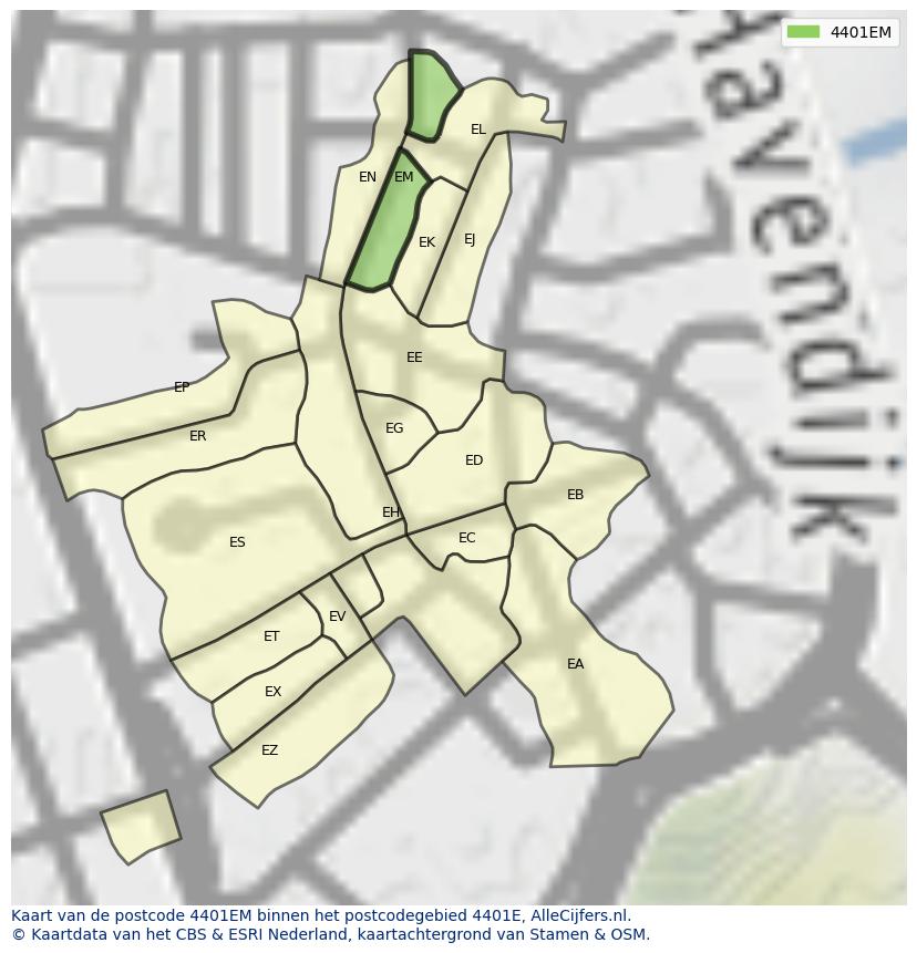 Afbeelding van het postcodegebied 4401 EM op de kaart.