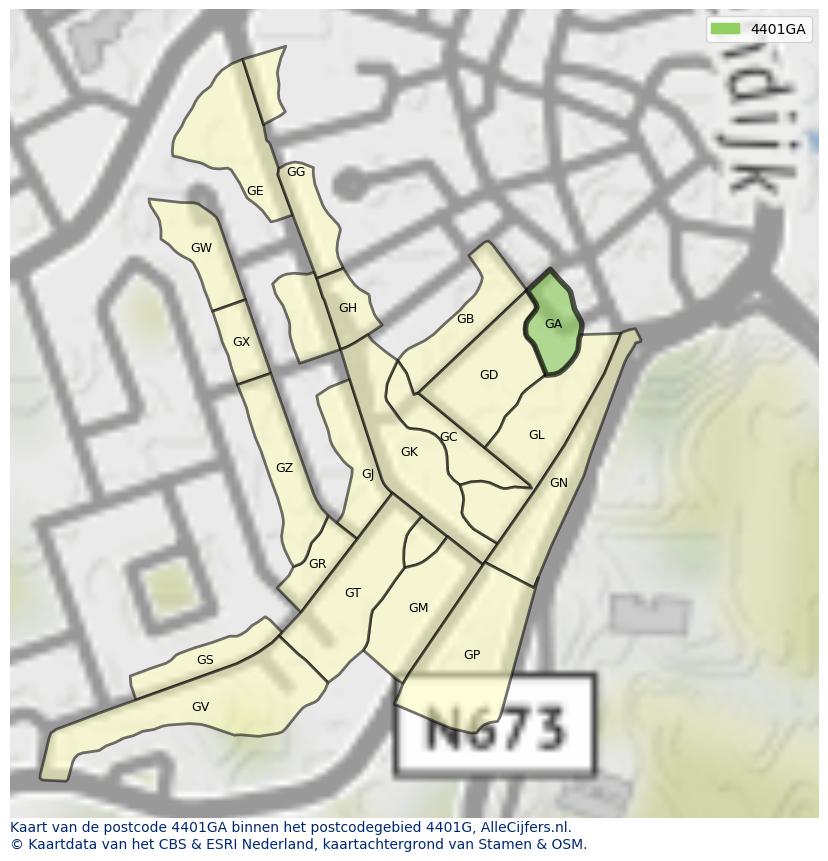Afbeelding van het postcodegebied 4401 GA op de kaart.