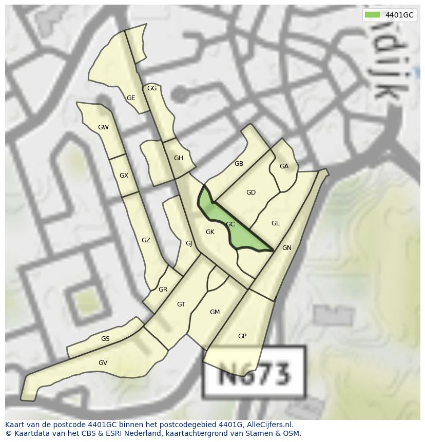 Afbeelding van het postcodegebied 4401 GC op de kaart.