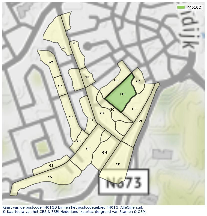 Afbeelding van het postcodegebied 4401 GD op de kaart.