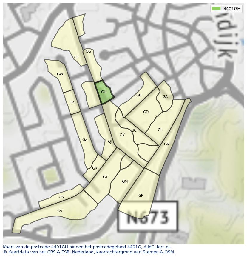 Afbeelding van het postcodegebied 4401 GH op de kaart.