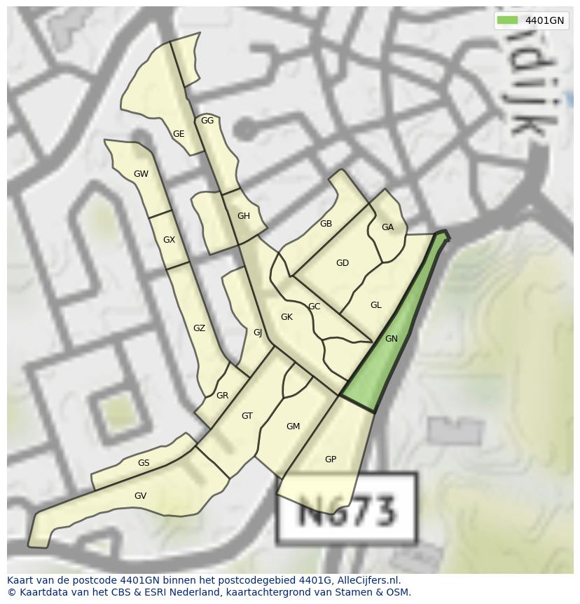 Afbeelding van het postcodegebied 4401 GN op de kaart.