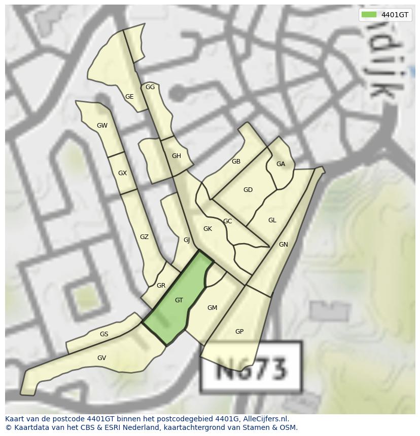 Afbeelding van het postcodegebied 4401 GT op de kaart.