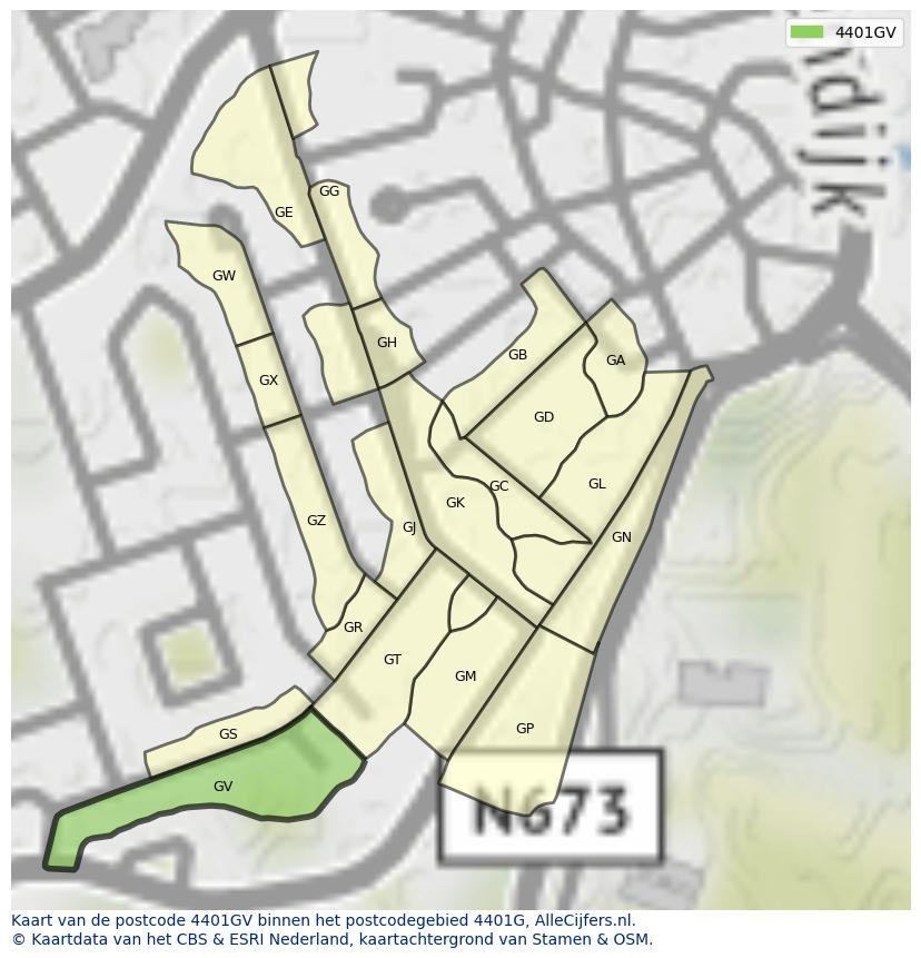 Afbeelding van het postcodegebied 4401 GV op de kaart.