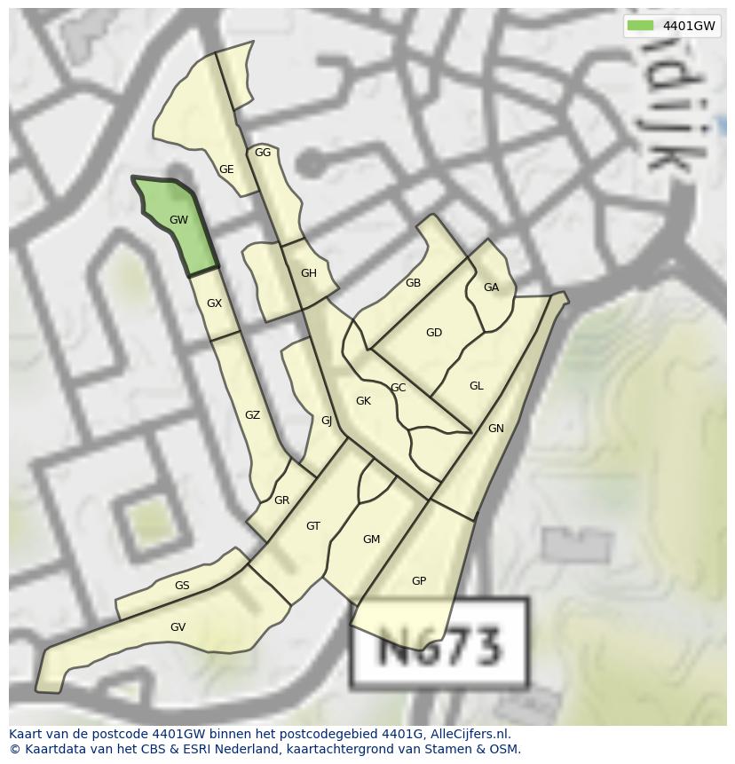 Afbeelding van het postcodegebied 4401 GW op de kaart.