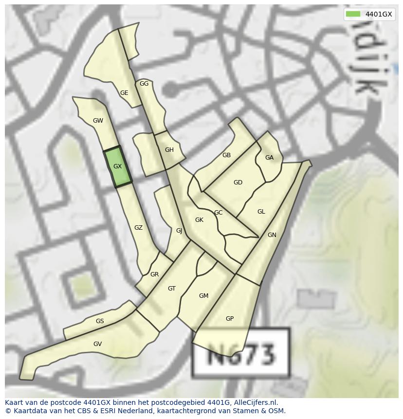 Afbeelding van het postcodegebied 4401 GX op de kaart.