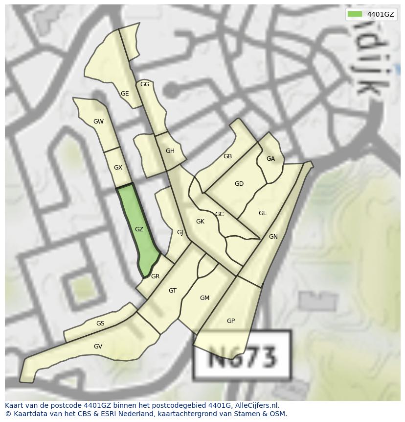 Afbeelding van het postcodegebied 4401 GZ op de kaart.