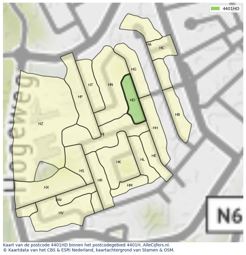Afbeelding van het postcodegebied 4401 HD op de kaart.