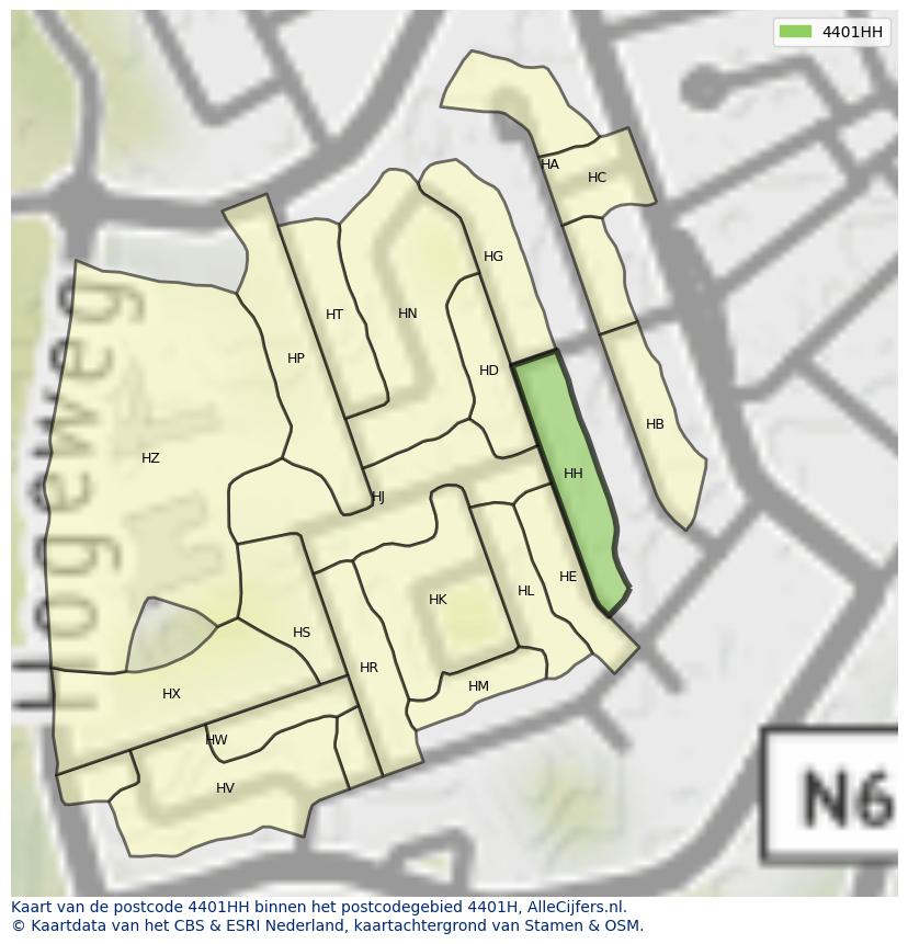 Afbeelding van het postcodegebied 4401 HH op de kaart.